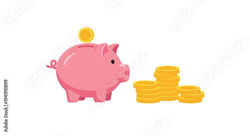 A pink piggy bank with a gold coin above its slot is situated beside three uneven stacks of lustrous gold coins on a pristine white background.