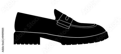 Black silhouette of classic penny loafer with decorative strap and thick sole. Vector illustration of stylish casual footwear isolated on white background.
