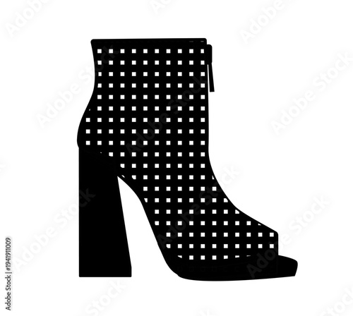 Silhouette illustration of perforated ankle boots with block heel and side zipper. Fashion footwear vector illustration isolated on white background.