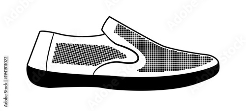 Black silhouette of lightweight slip on shoe with perforated upper panels. Vector illustration of breathable casual footwear isolated on white background.