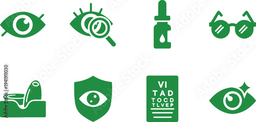 Set of eight eye care and vision testing icons featuring eye examination tools and symbols isolated on transparent background