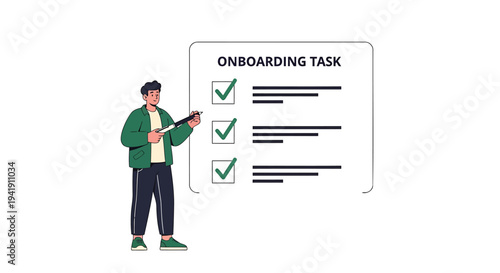 Vector illustration of man completing onboarding task checklist