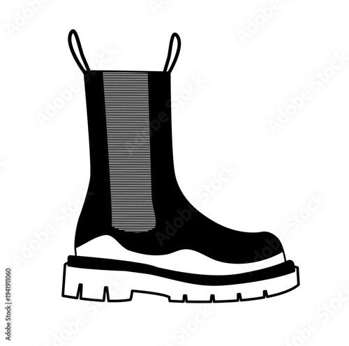 Silhouette illustration of chelsea ankle boots with elastic panels and thick platform sole. Modern footwear vector illustration isolated on white background.