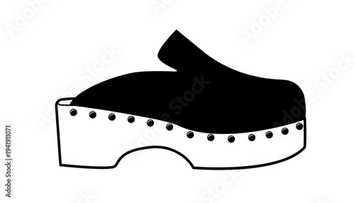 Black silhouette of traditional clogs with wooden sole and decorative rivets. Vector illustration of classic footwear isolated on a white background.