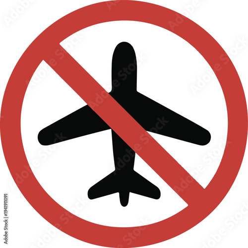 Flight cancelled icon, no airplane sign, flying prohibition symbol, isolated on white background, vector illustration