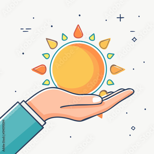 Hand holding a sun symbol.