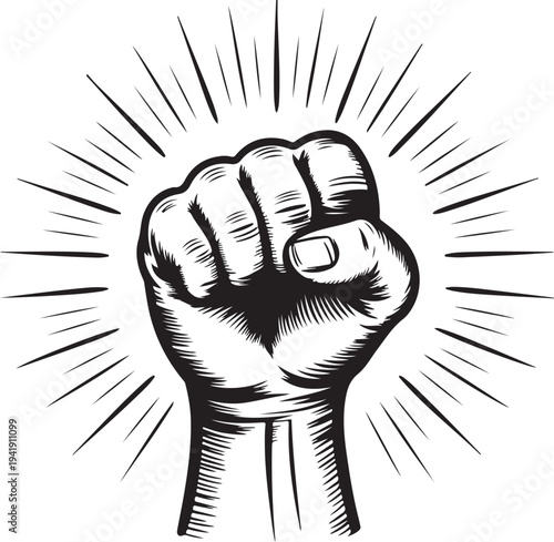 Fist with sunbursts in vintage style. Vector illustration