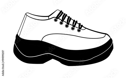 Outline vector illustration of athletic running sneaker with lace eyelets and thick sole. Sport footwear isolated on white background.