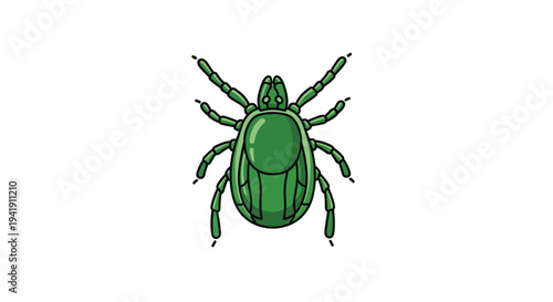 A detailed cartoon illustration of a green tick with distinct black outlines and segmented body is centered on a clean white background.