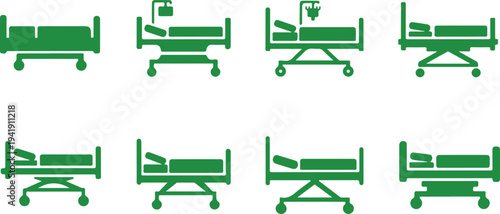 Set of eight hospital bed icons with medical equipment and patient accessories isolated on transparent background