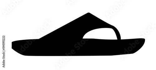 Black silhouette of a sandal with wide upper strap and flat sole. Minimal vector illustration of casual summer footwear isolated on white background.