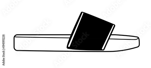 Line outline illustration of slide sandals with wide strap upper. Vector illustration of casual summer footwear isolated on a white background.