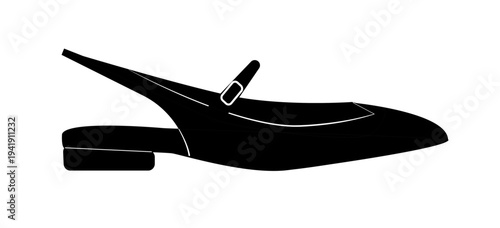 Line outline illustration of women slingback shoes with pointed toe and low heel. Elegant footwear with buckle strap isolated on white background.