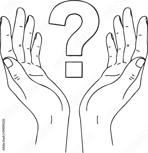 Open hands reaching upwards cradling a large bold question mark symbol representing uncertainty doubt and the search