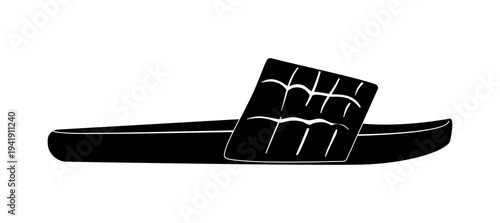 Black silhouette of slide sandals with wide strap upper. Vector illustration of casual summer footwear isolated on a white background.