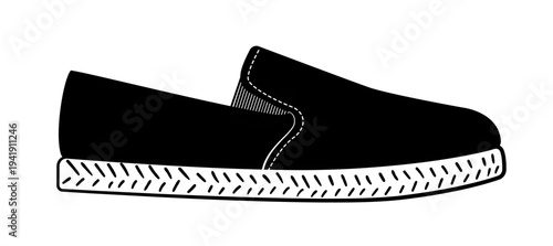 Black silhouette of slip on sneakers with elastic side panels and thick sole. Vector illustration of casual footwear isolated on a white background.