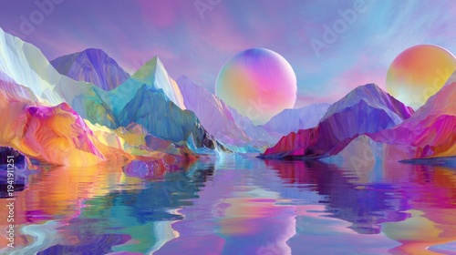 Surreal Alpine Vista: A vibrant composition of abstract landscape featuring rainbow mountains reflected in serene waters, with ethereal orbs floating in the sky.