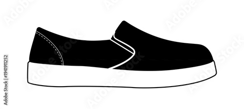 Black silhouette of casual slip on sneakers with thick sole. Simple vector illustration of laceless footwear isolated on white background.