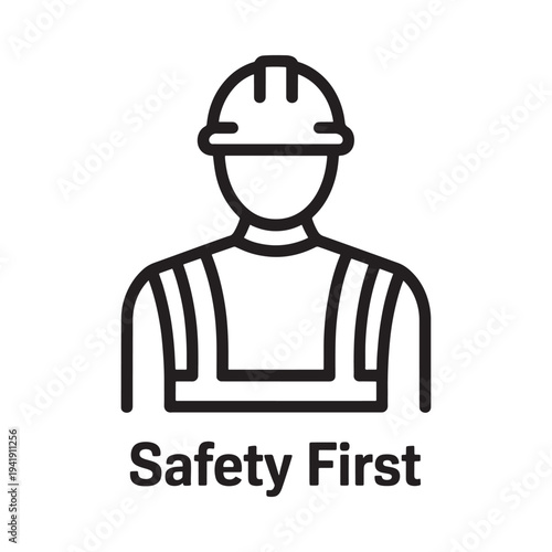 Simple black and white illustration of a construction worker with helmet