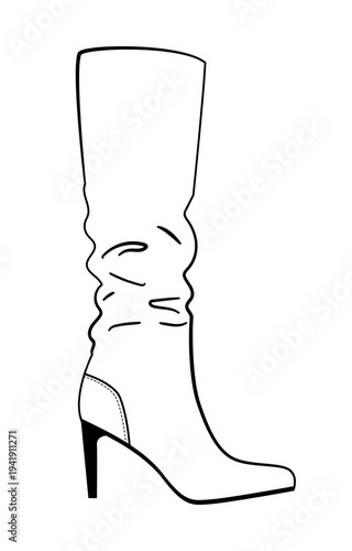 Outline vector illustration of womens slouchy boot with high heel and wrinkled shaft. Stylish fashion footwear isolated on white background.