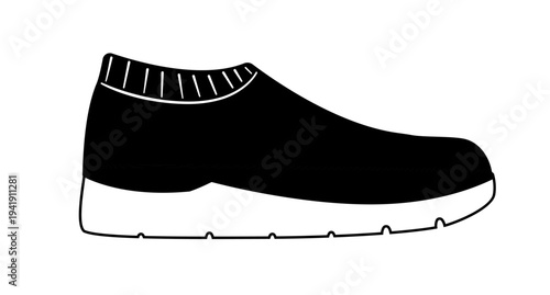 Black silhouette of sock sneakers with elastic ankle collar and thick sole. Vector illustration of modern athletic footwear isolated on a white background.