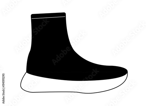Black silhouette of platform ankle boots with elastic upper and thick sole. Vector illustration of modern fashion footwear isolated on a white background.