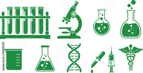 Set of medical and scientific laboratory icons featuring test tubes beakers microscope syringe DNA and caduceus symbols