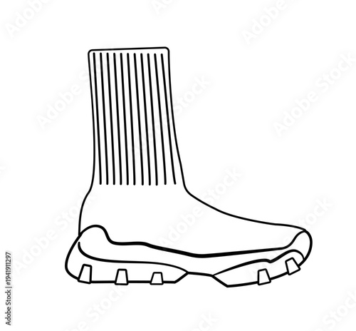 Line outline illustration of sock style sneakers with knitted ankle collar and thick sole. Vector illustration of modern sport footwear isolated on a white background.