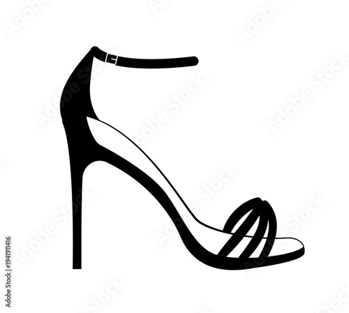 Outline vector illustration of a women’s strappy high heel sandal with ankle strap and stiletto heel. Elegant summer footwear isolated on white background.