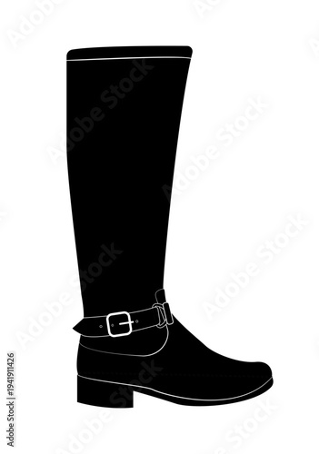 Black silhouette of tall womens boot with decorative buckle strap and low heel. Vector illustration of stylish fashion footwear isolated on white background.