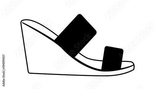 Black silhouette of wedge sandals with two wide straps and open toe. Vector illustration of modern summer footwear isolated on a white background.