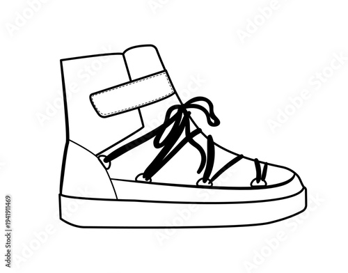 Line vector illustration of a winter boot with laces and adjustable strap. Casual cold weather footwear isolated on white background.