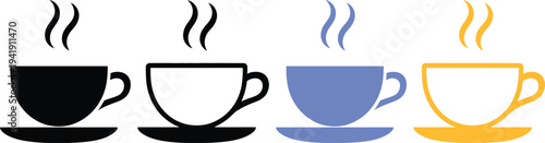 Four cups of coffee in different colors and styles on a white background