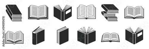 Book Icons Set Vector Illustration, Library and Education Logo Collection with Open and Closed Book Symbols Isolated on White Background, Reading, Learning, School, and Knowledge Graphic Elements