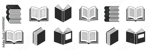 Book Icons Set Vector Illustration, Library and Education Logo Collection with Open and Closed Book Symbols Isolated on White Background, Reading, Learning, School, and Knowledge Graphic Elements
