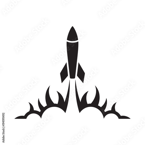 A black silhouette of a rocket launching with fiery exhaust trails