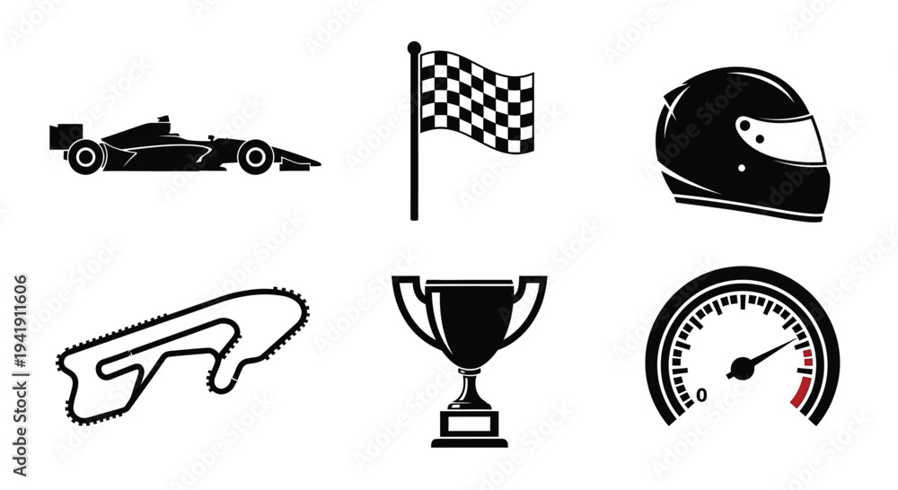 Fototapeta premium Racing icons silhouette including car flag helmet track trophy and speedometer