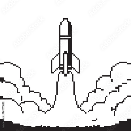 A simple black and white illustration of a rocket launching with smoke