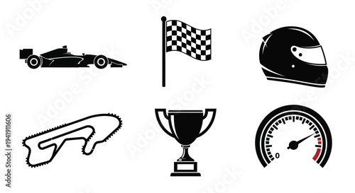 Racing icons silhouette including car flag helmet track trophy and speedometer