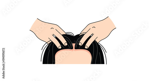 Two cartoon hands gently part a section of long black hair on a scalp, clearly revealing the skin of the part line.