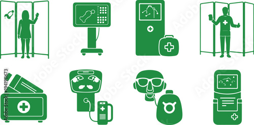 Medical and healthcare icons depicting various equipment and personnel in green isolated format