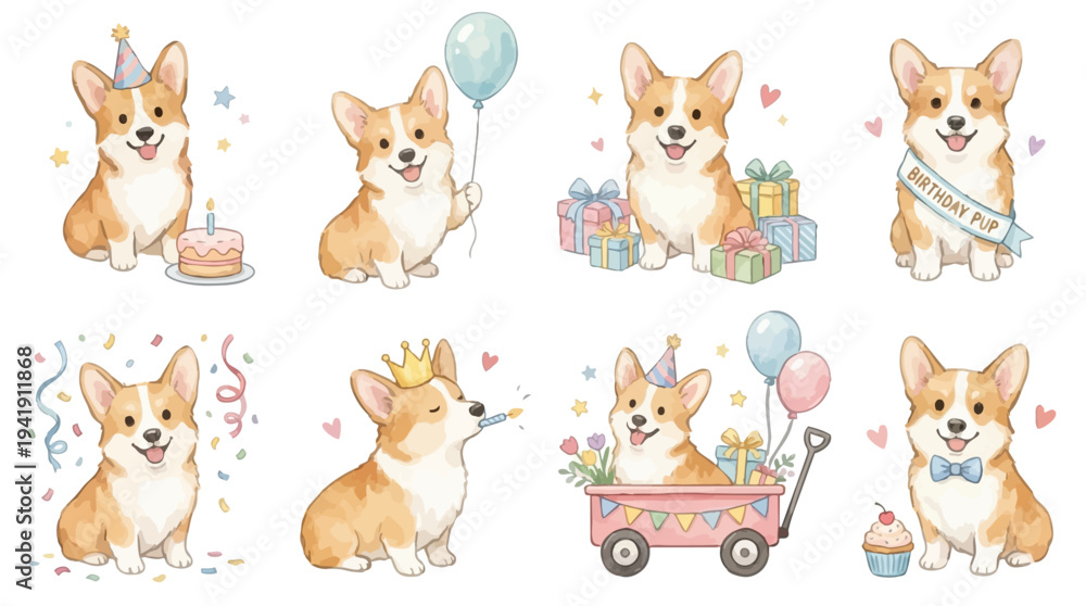 Fototapeta premium Cute watercolor corgi birthday clipart set with balloons, cake, gifts and party hat. Collection of Vector illustrations. Perfect for invitation, card, poster, banner, decoration