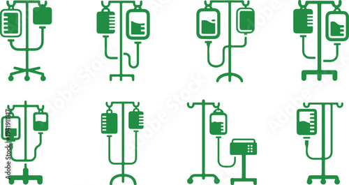Collection of medical intravenous drip infusion stand illustrations with different fluid bags and equipment designs