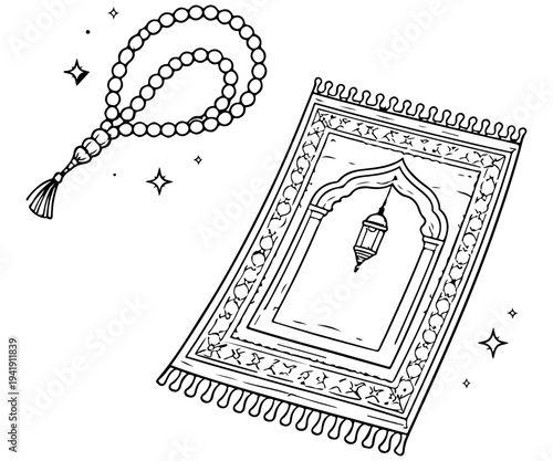 Islamic Prayer Mat and Tasbih Beads Line Art Illustration