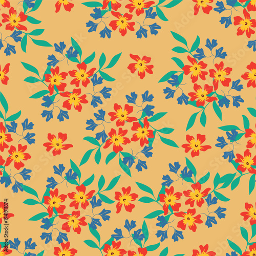 Seamless floral pattern, old fashion folk ornament with flowers branches. Cute botanical design, simple flower print: small hand drawn flowers branches arranged in a diagonal line. Vector pattern