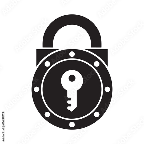 Black padlock with keyhole and circular dotted design isolated icon