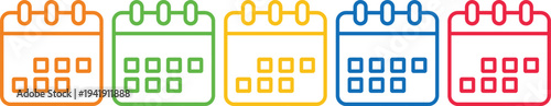 Five colorful calendar icons with different color schemes and designs.