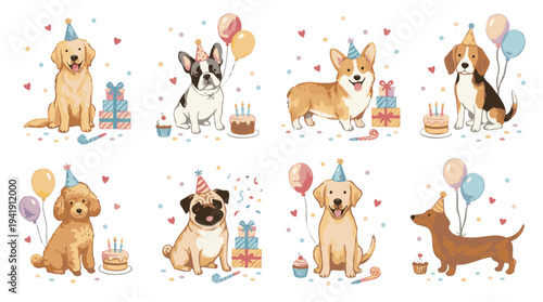 Watercolor cute dogs birthday clipart set with corgi, pug, dachshund, beagle, poodle and balloons Collection of Vector illustrations. Perfect for invitation, card, poster, banner, decoration