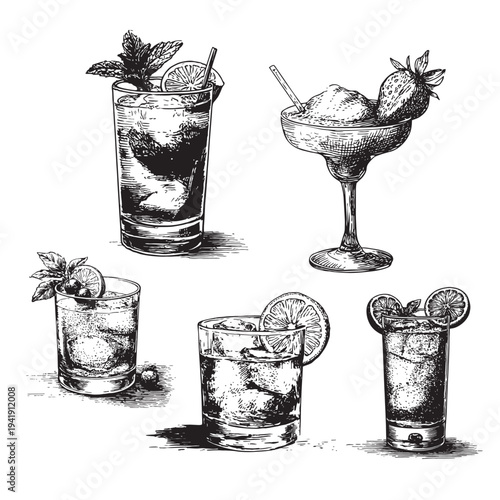 Mojito cocktails bar doodle icon set