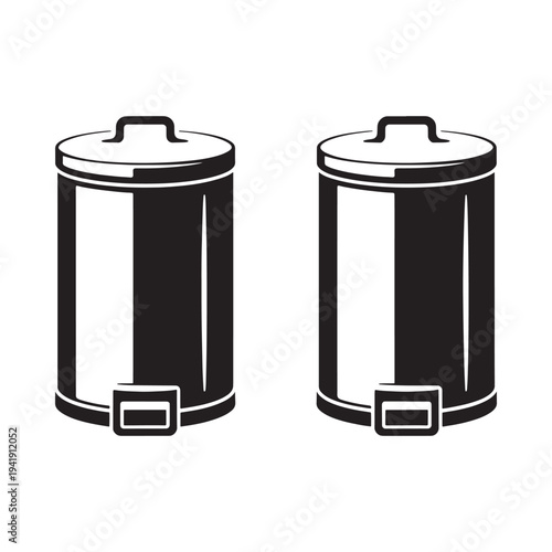 Two black trash cans with foot pedals are shown in a graphic